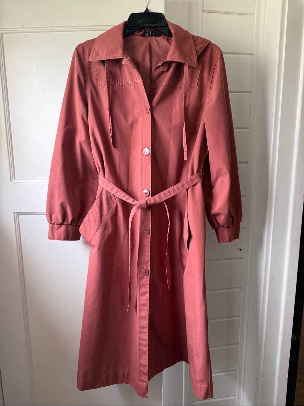 Vintage Gimbels Women's Pink Dusty Rose Trench Coat w/ Belt & Detachable Hood 12